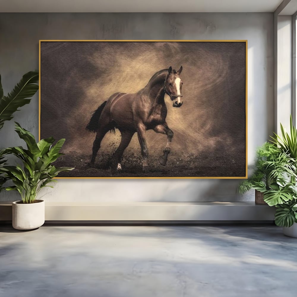 Tablou canvas cu tablou canvas cu cal maro in galop, in rama de aluminiu auriu